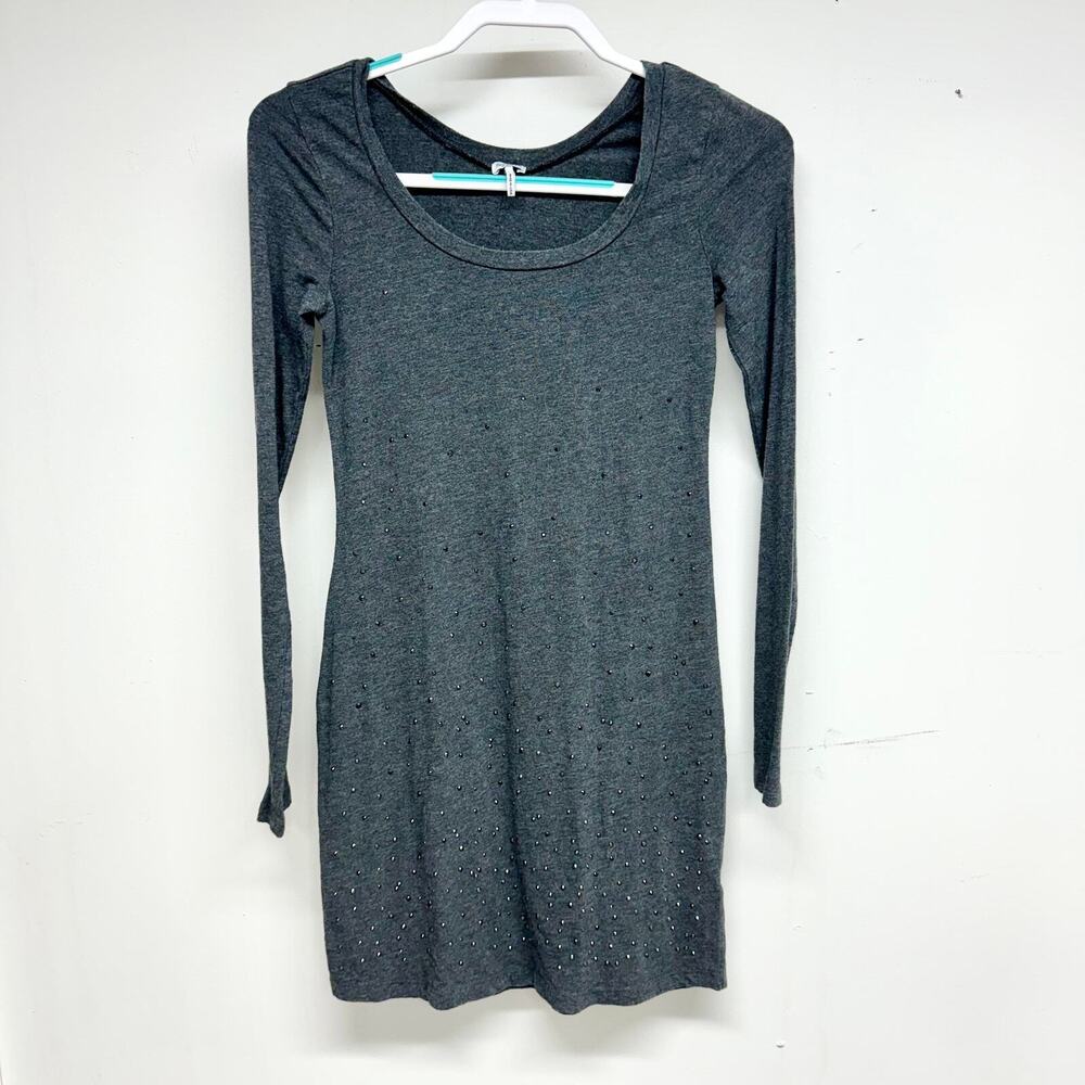 Splendid Long Sleeve Rhinestone Mini Grey Round Neck Dress Size XS‎